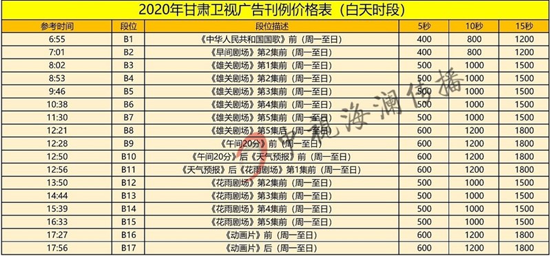 2020甘肃卫视（白天）广告收费-中视海澜